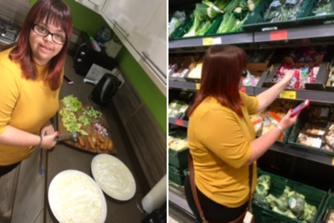 Images of Kelly using the Health Swap app in a supermarket and at home, when cooking.