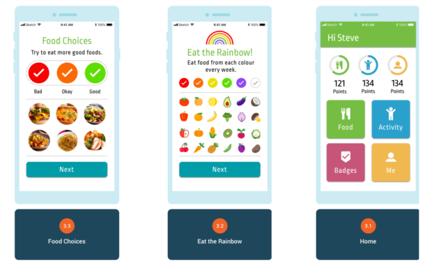 Image of the app's interface, showing bright, visual icons to track healthy eating.